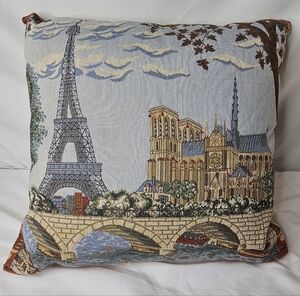 Vtg Paris Tapestry Pillow Made in France Eiffel Tower Notre Dame Kentex 18x19"